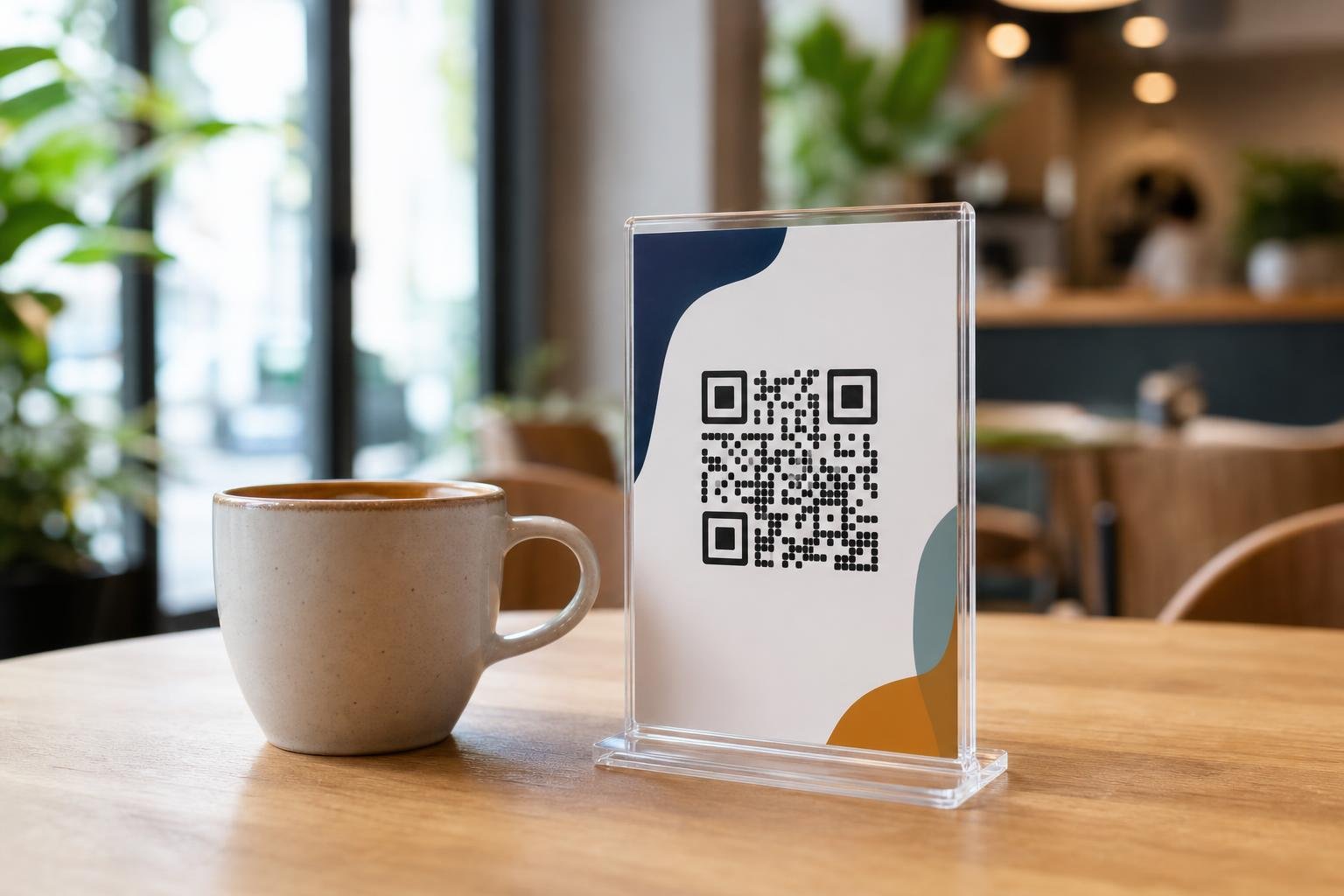 Acrylic tabletop display in a modern café showing a custom QR code next to a ceramic cup.