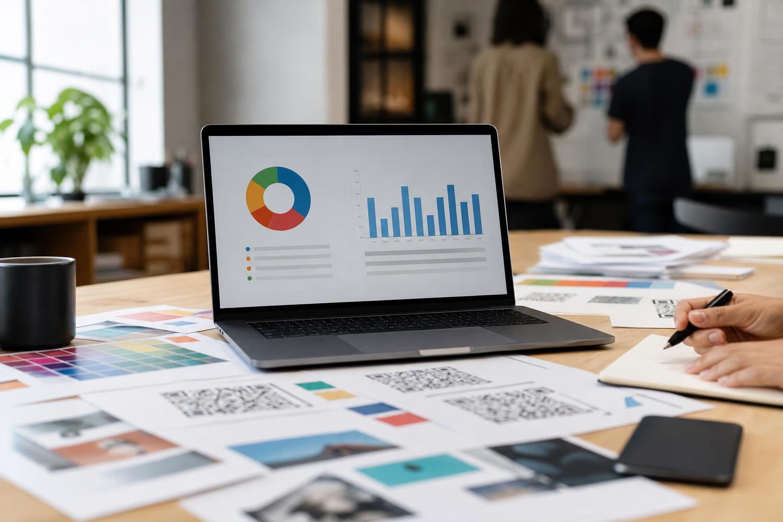 A modern creative workspace with marketing brochures, printed packaging, and a laptop showing analytics.