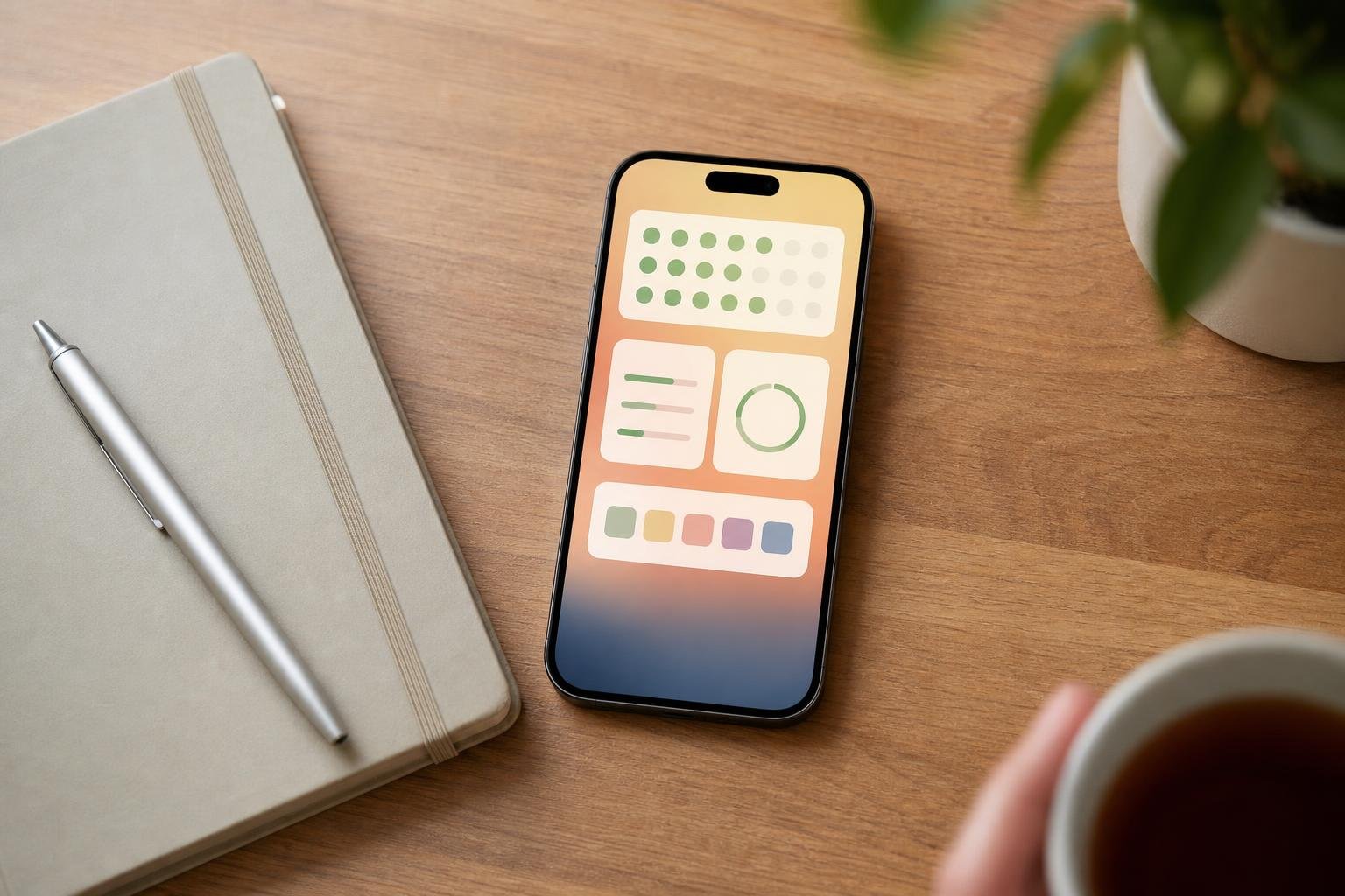 Smartphone on a clean wooden desk displaying structured daily productivity widgets beside a notebook and pen.