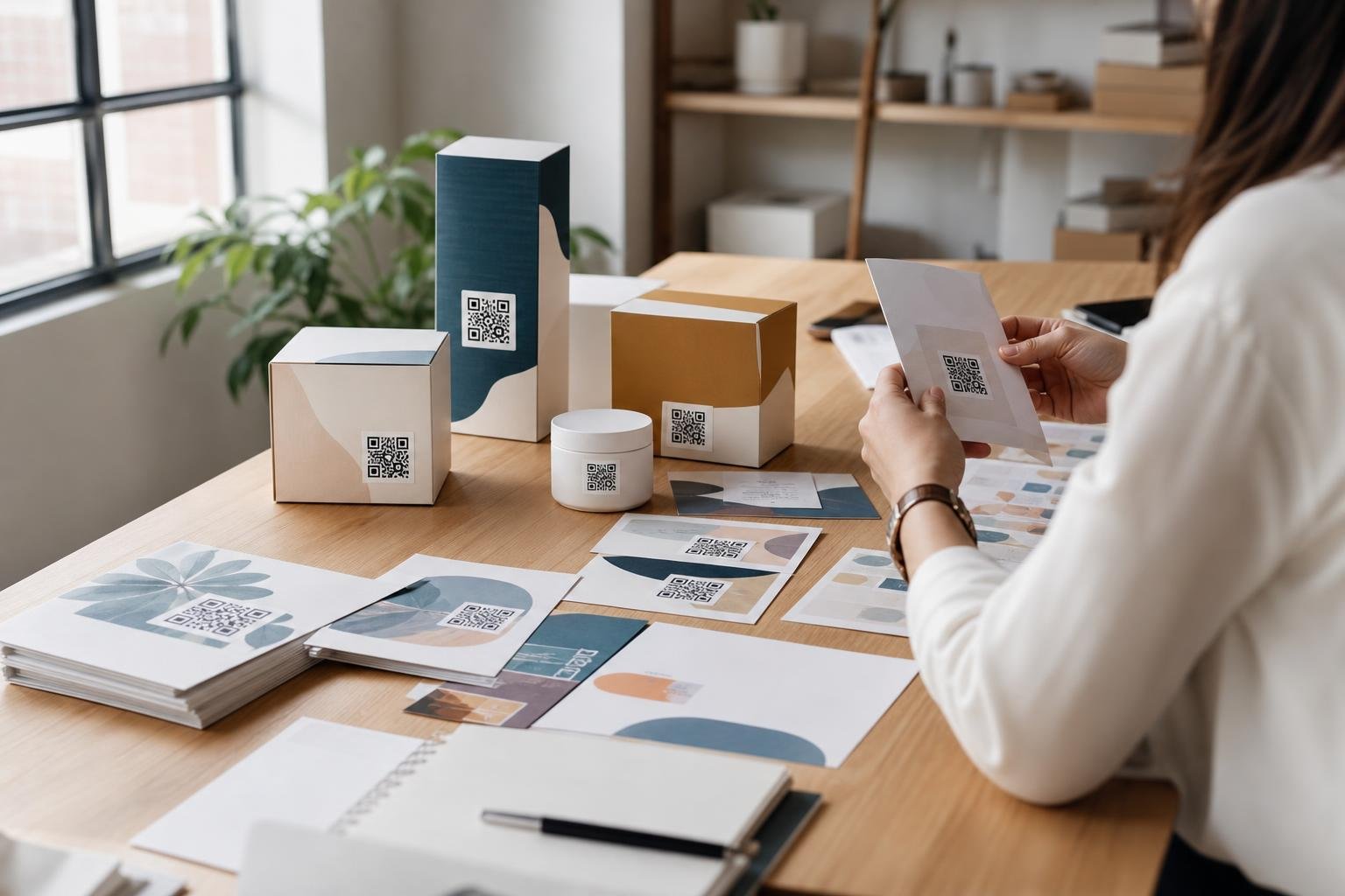 Printed promotional packaging samples with scannable QR codes arranged on a bright workspace.