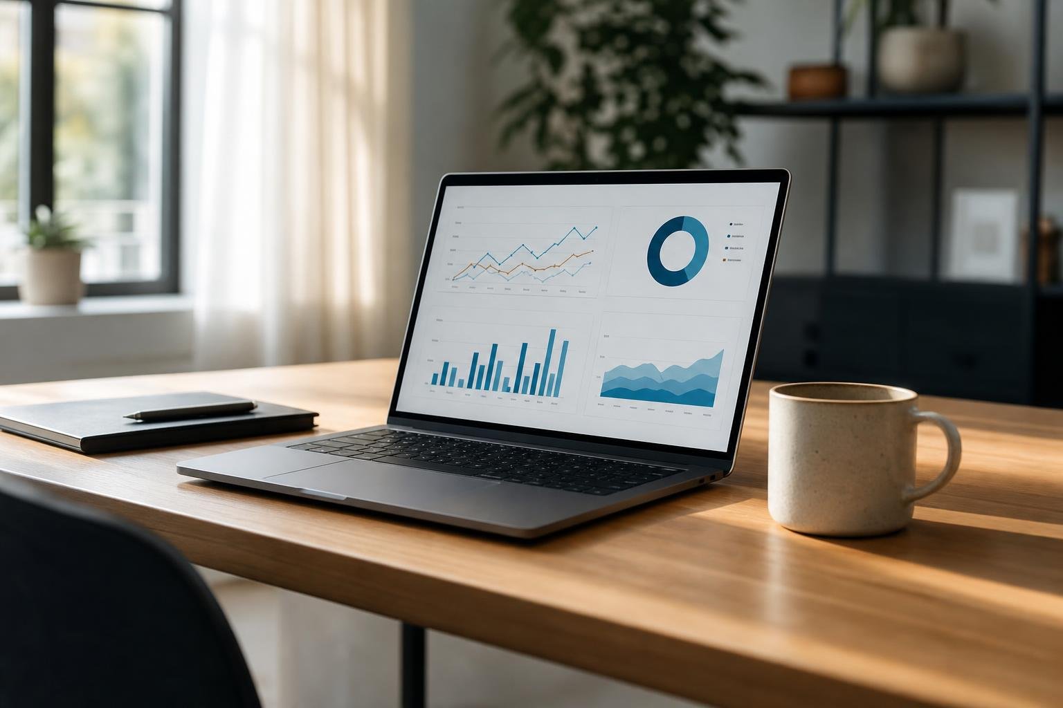 A laptop showing growth analytics on a clean wooden desk
