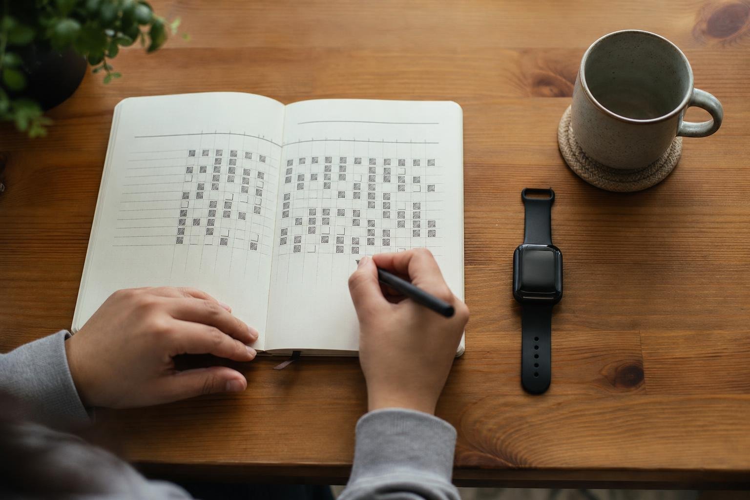 A minimalist desk setup with an open journal, pen, and smartwatch ready for morning routine planning.