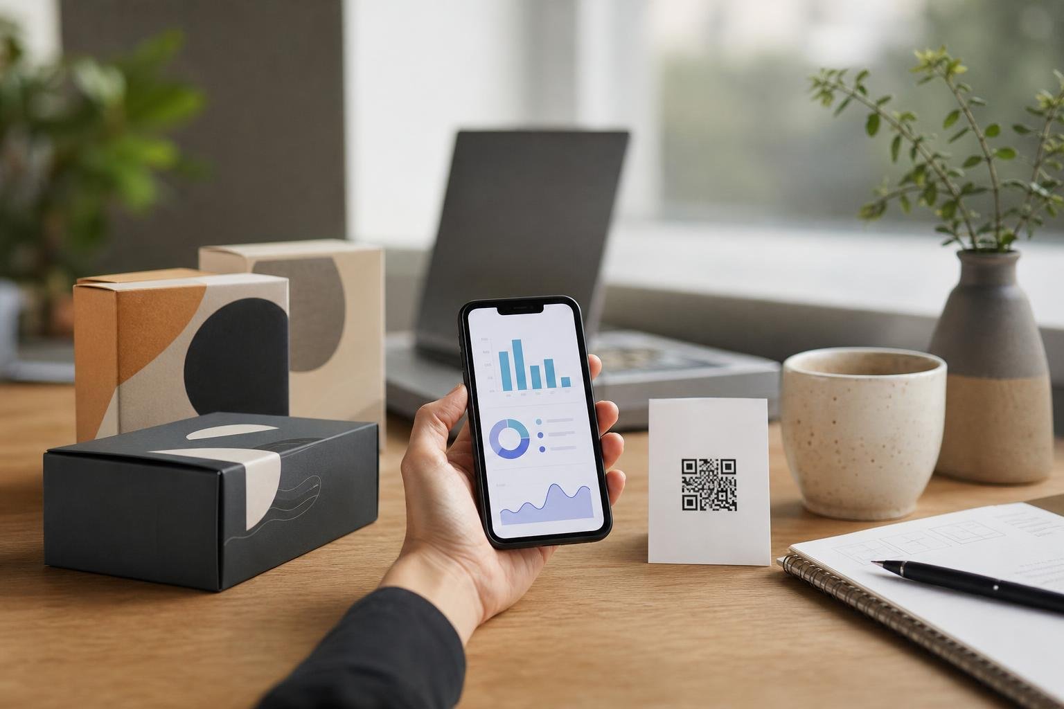 Smartphone displaying scan analytics next to printed packaging with a dynamic QR code.
