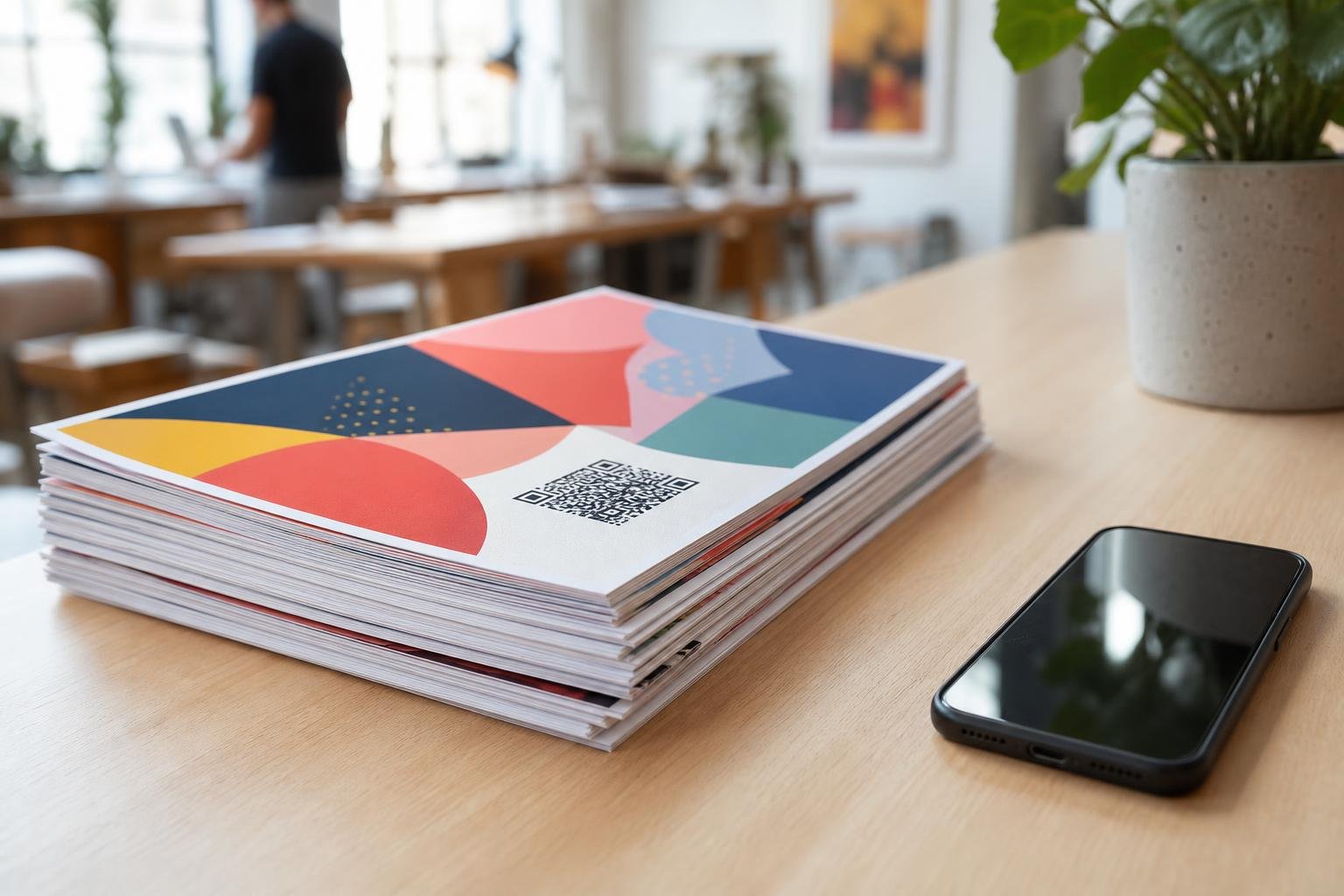 A neat stack of printed event flyers featuring a clean QR code sitting on a desk next to a smartphone.