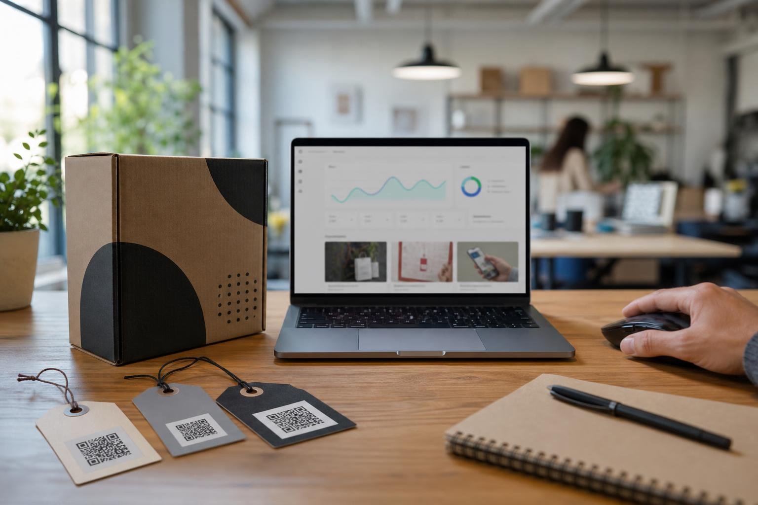 A modern studio desk showing printed retail packaging with QR codes next to a laptop displaying marketing metrics.