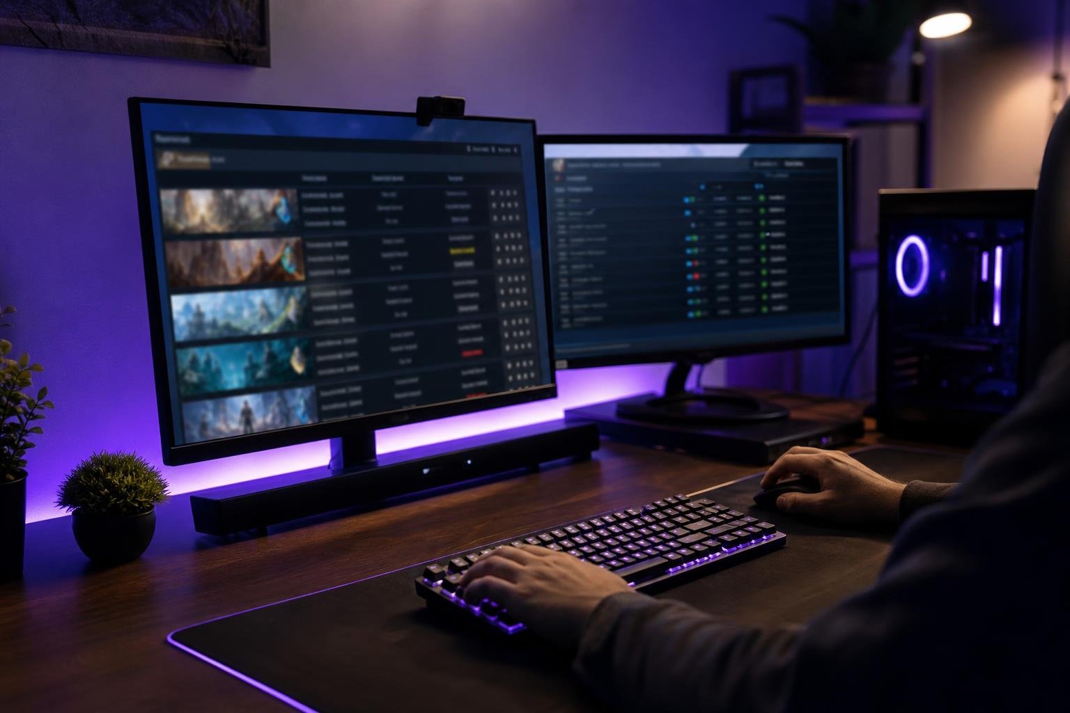 A gaming setup with monitors displaying server toplists and statistics.