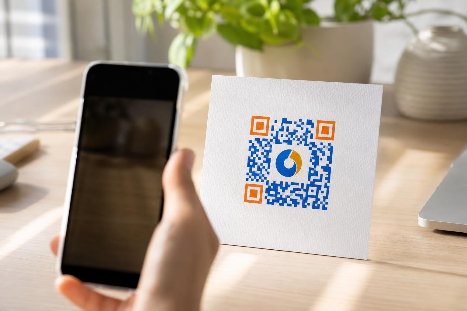 A smartphone scanning a vibrant logo-centered code on textured cardstock.