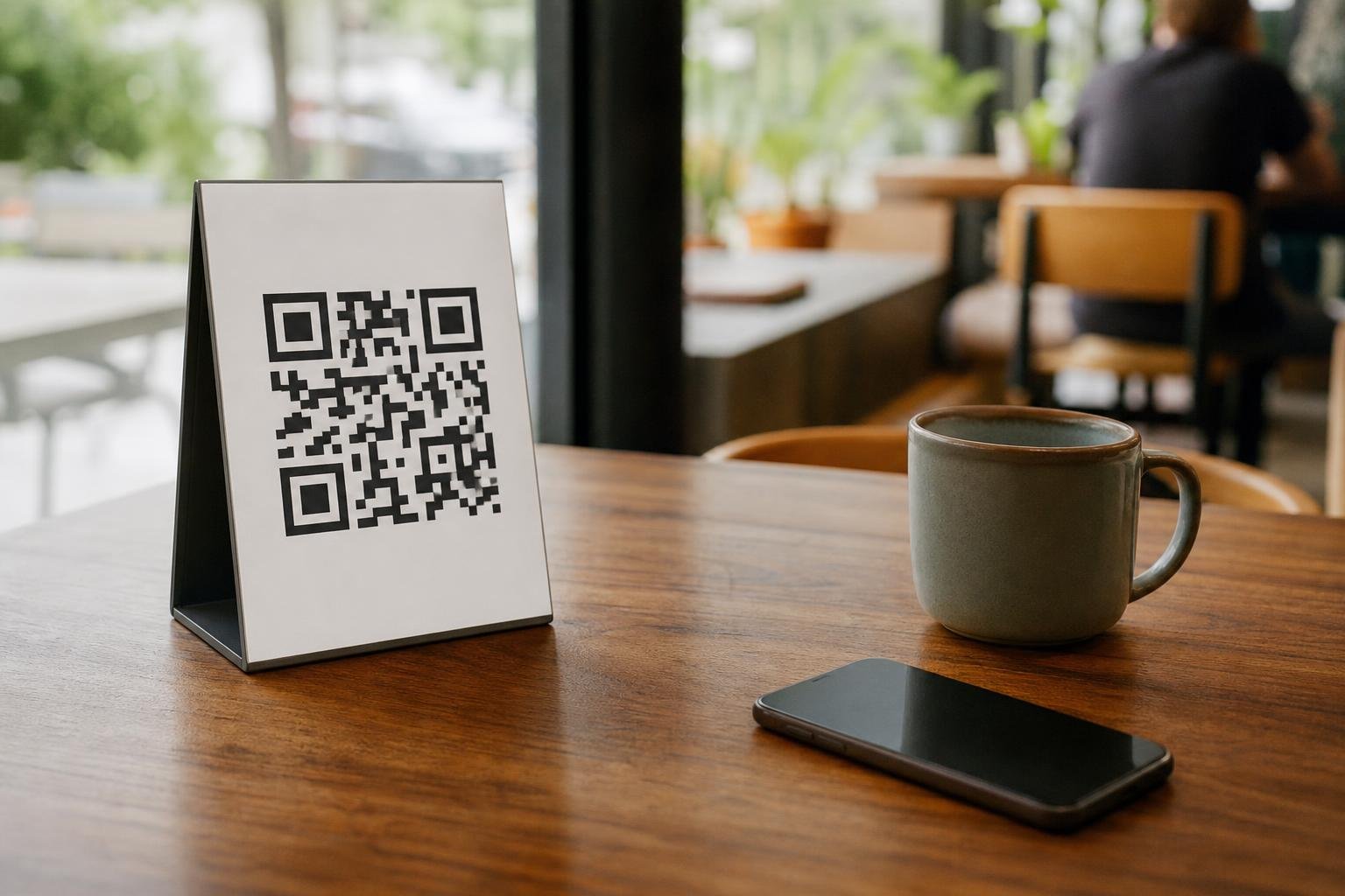 A tabletop stand displaying a custom QR code on a wooden cafe table next to a smartphone.