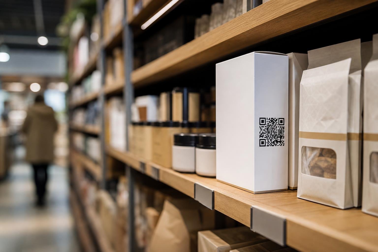 Retail product packaging on store shelves featuring a clean, branded QR code