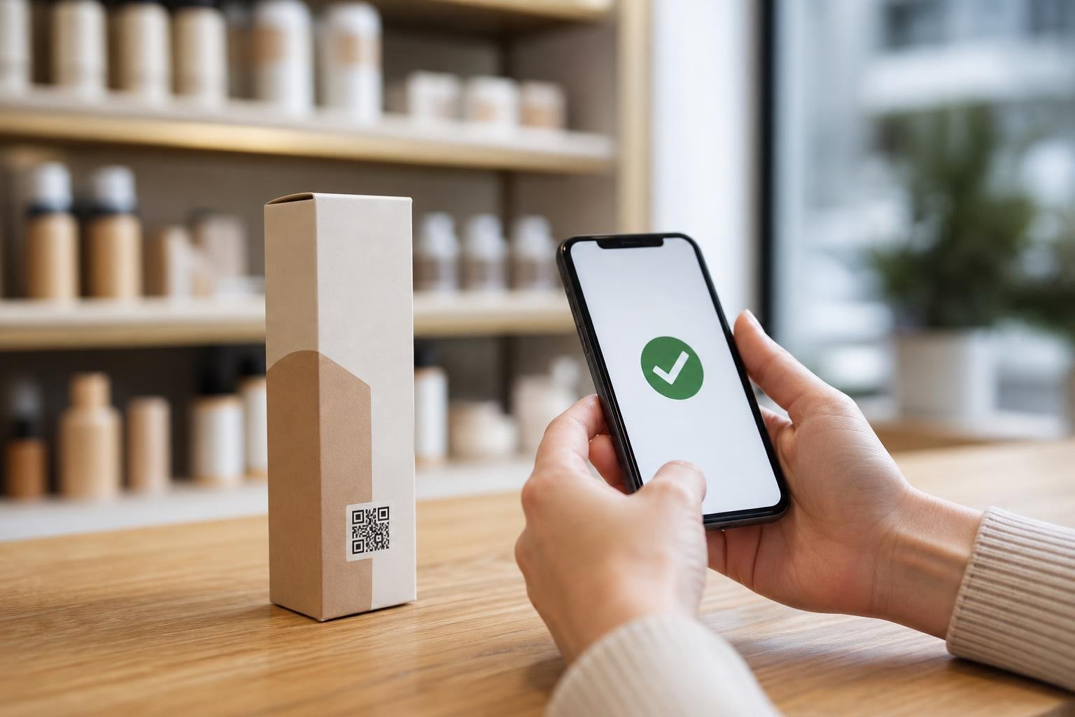 Retail cardboard cosmetic box with a scannable dynamic QR code next to a mobile phone