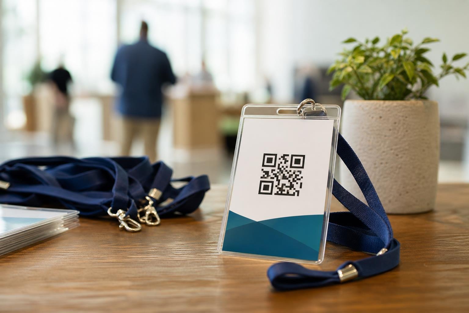 Printed event badge with a crisp, centered QR code and attendee details on a conference registration desk