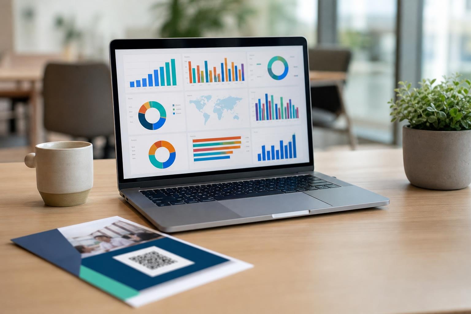 Laptop showing analytics charts beside a printed marketing brochure with a QR code on a wooden desk.
