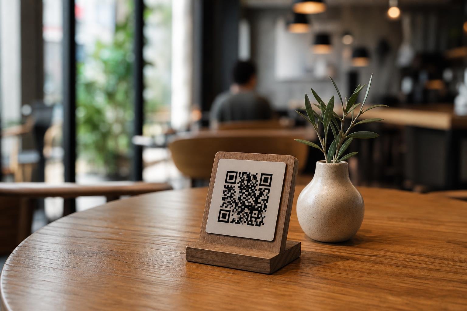 A wooden tabletop stand displaying a custom restaurant QR code menu next to a decorative vase.