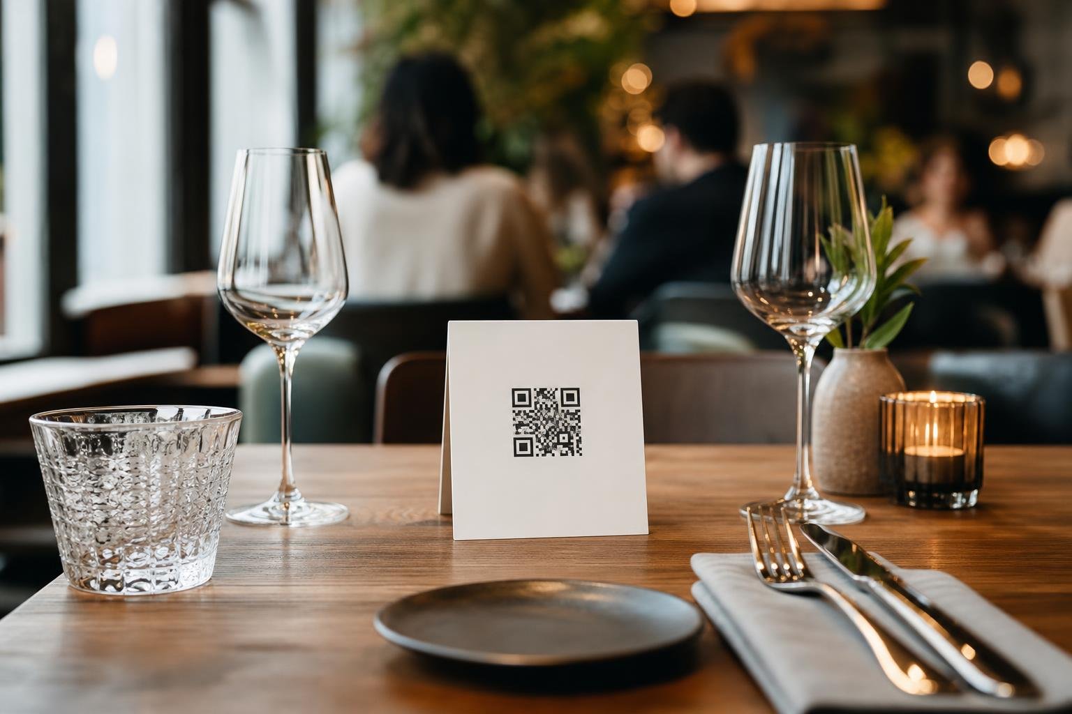 A modern restaurant table setup featuring a tabletop QR code menu card ready for diner scanning.