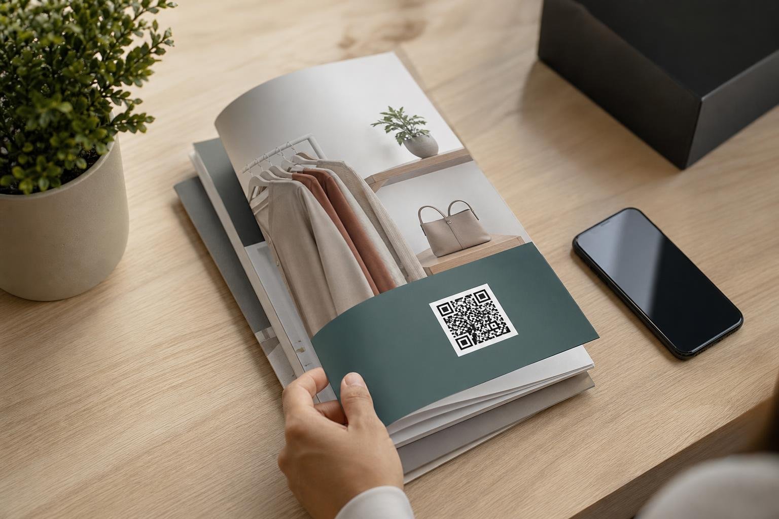 Printed marketing materials and a smartphone arranged neatly on a wooden workspace.