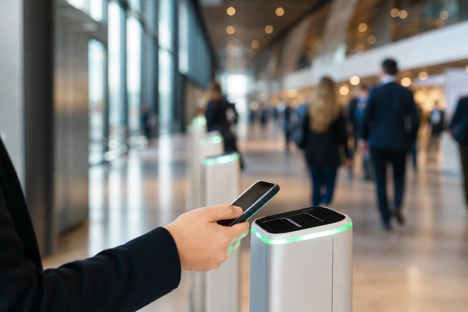 Attendees scanning mobile QR codes at venue check-in gates inside a bright convention hall