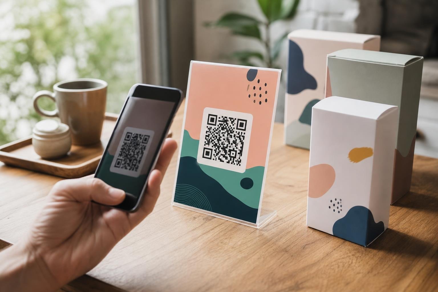 Smartphone scanning a custom branded dynamic QR code printed on a restaurant tabletop display.