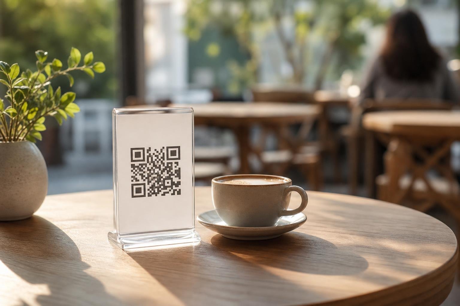 QR code printed on an acrylic stand on a restaurant table