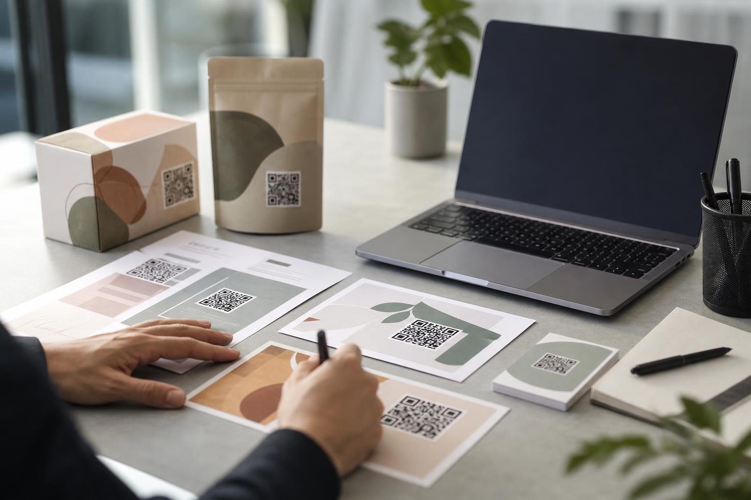 Printed promotional cards and product packaging featuring scannable QR codes on a modern wooden desk