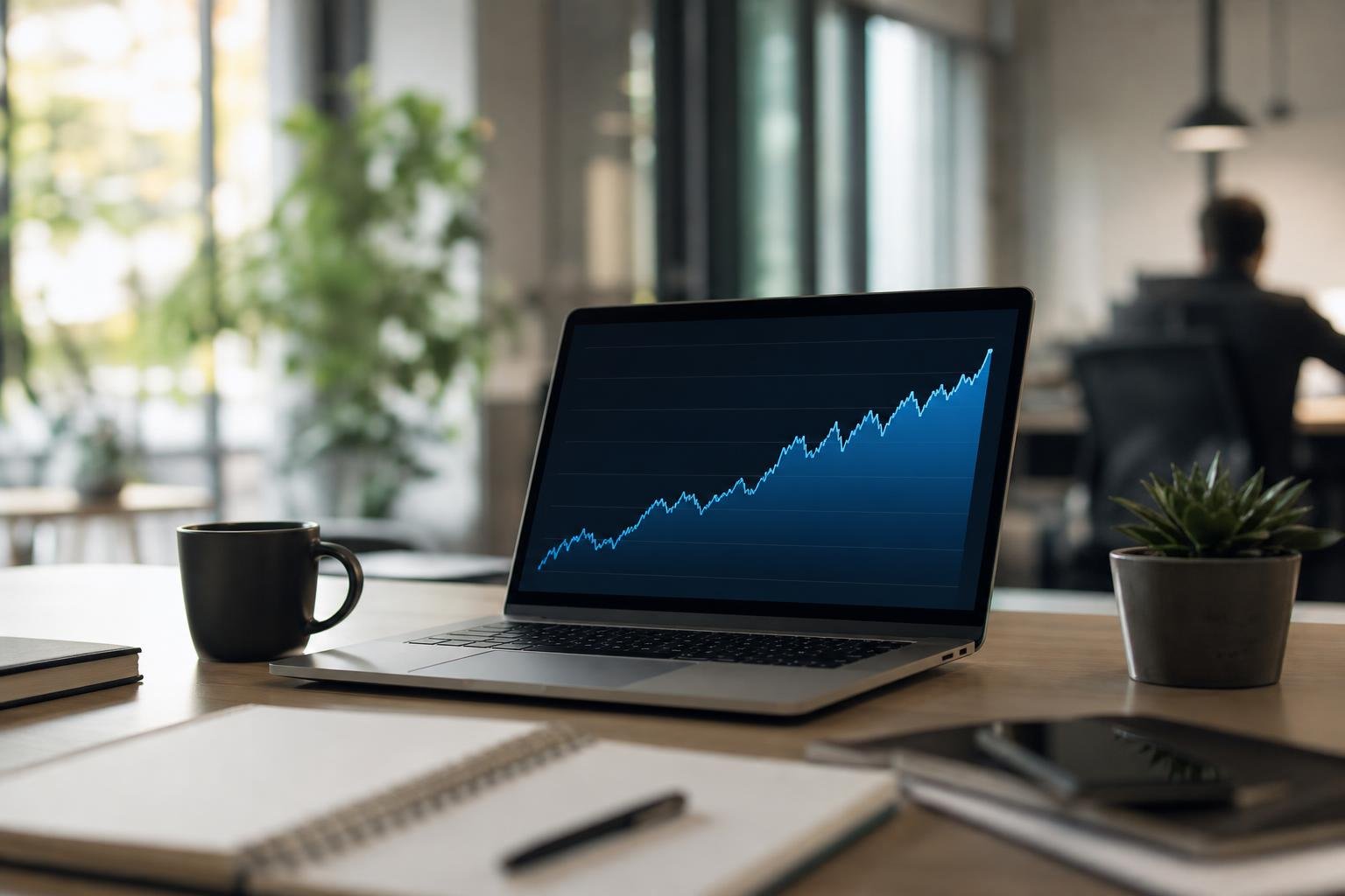 A laptop displaying analytics growth charts on a modern desk.