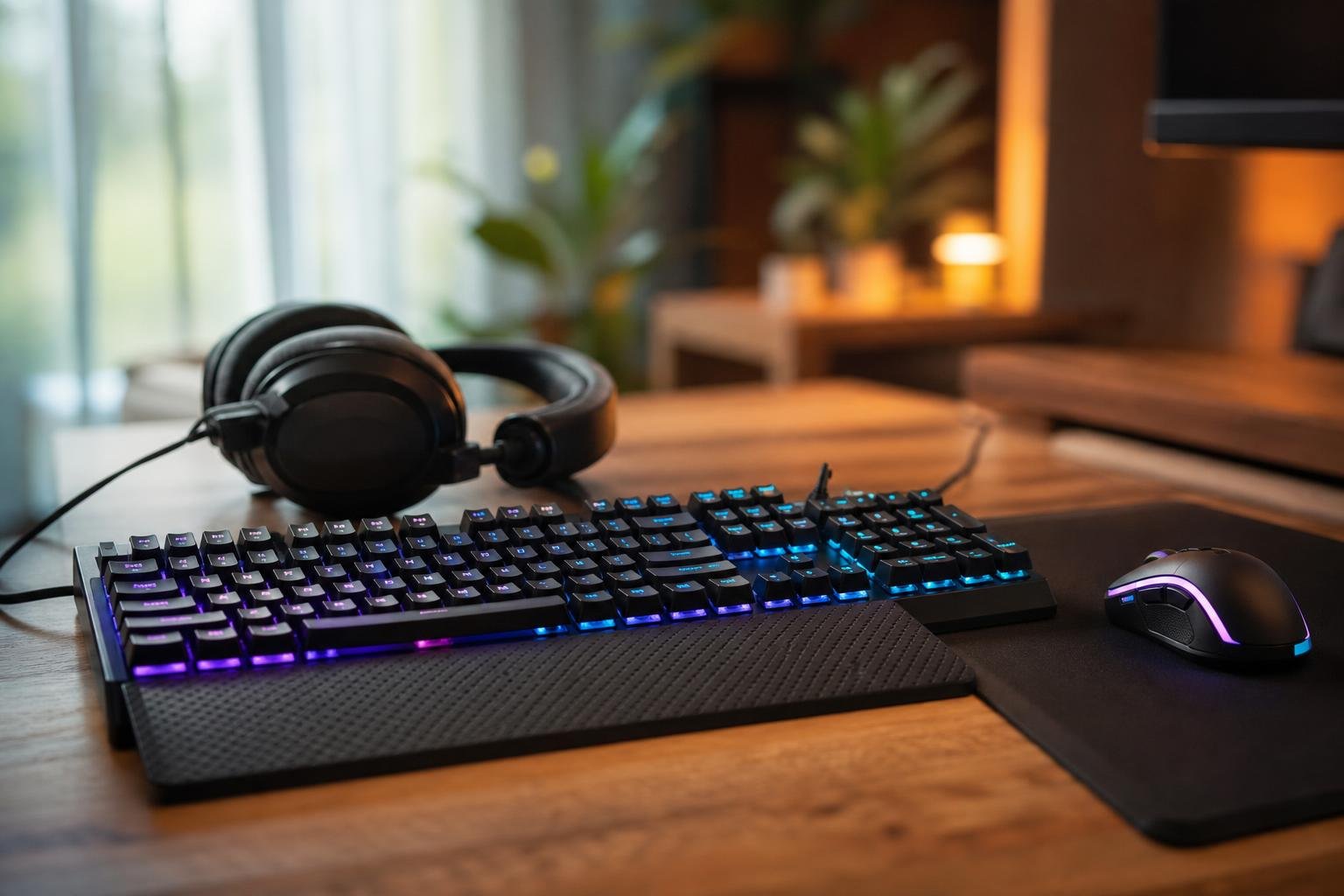 Mechanical keyboard and gaming mouse on a wooden desk.
