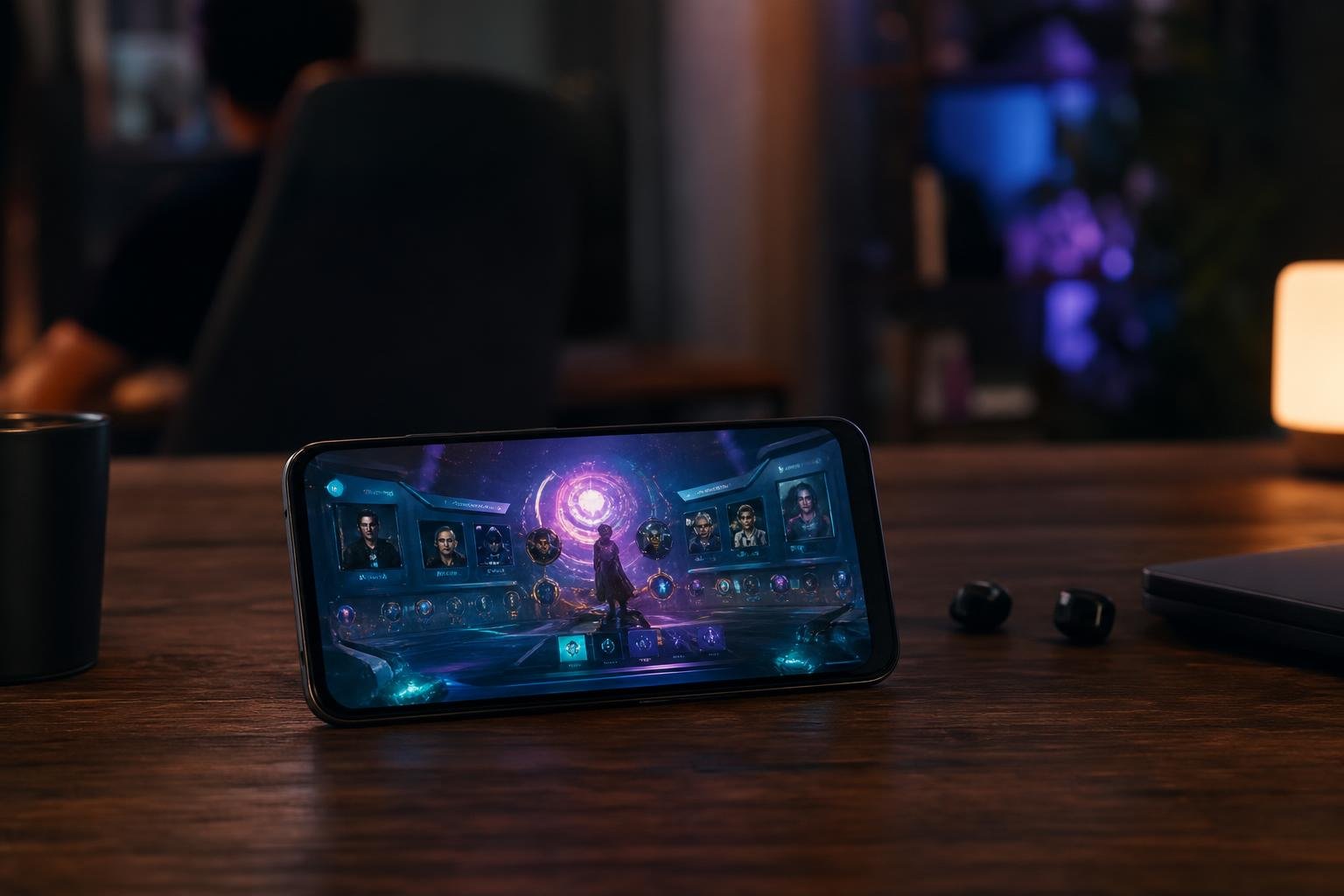 A smartphone displaying a vibrant mobile game interface on a dark desk.