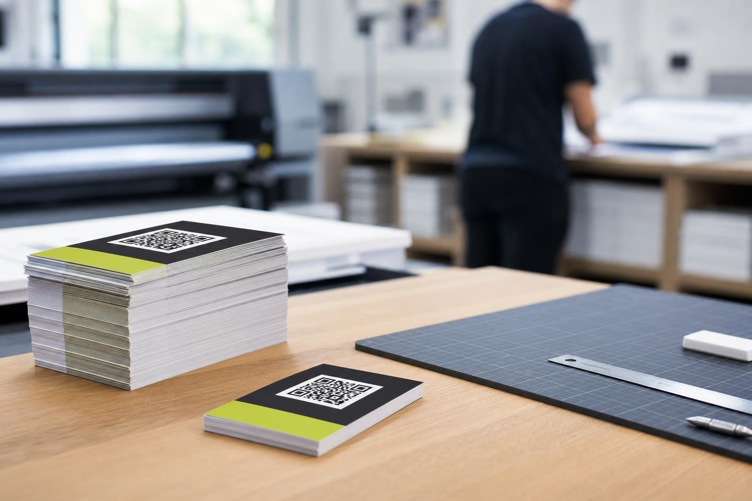 Printed promotional cards with crisp QR codes stacked on a wooden studio worktable.