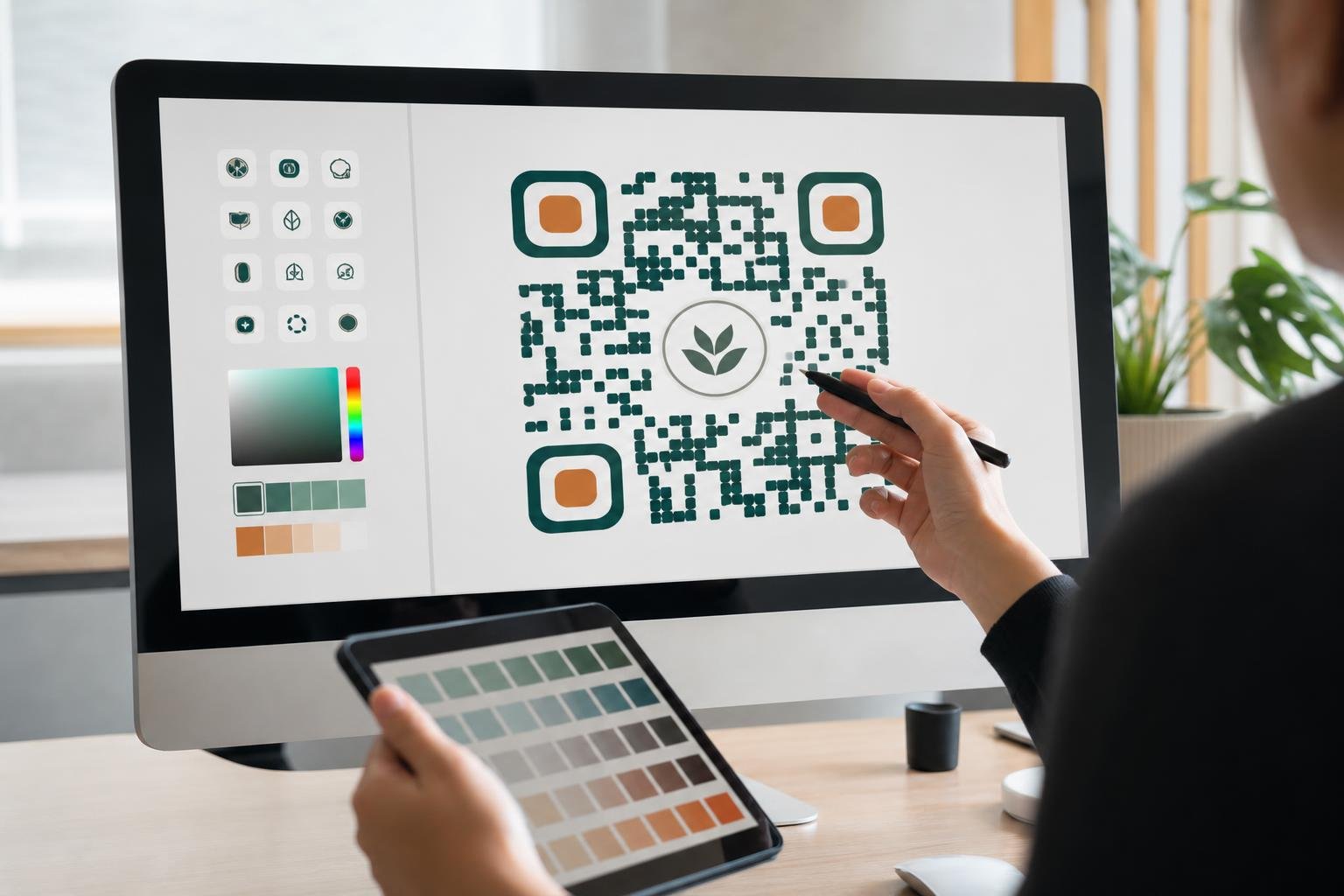 A designer adjusting colors and icons for a digital code on a screen.