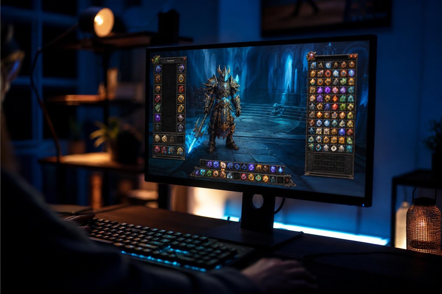 A computer screen showing a fantasy game menu and character stats.