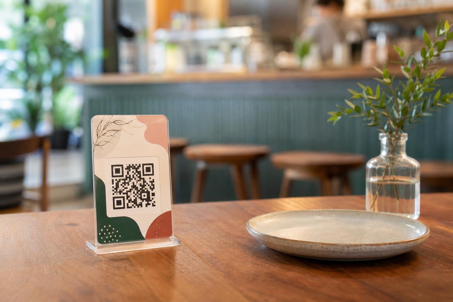Acrylic stand displaying a branded QR code on a cafe table beside ceramic tableware.