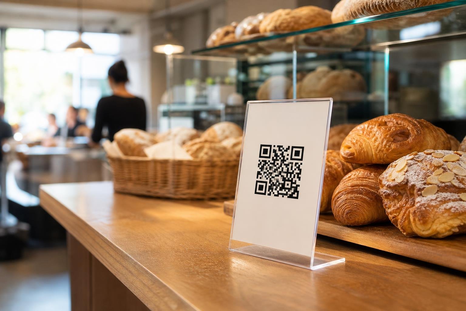 Table tent with QR code beside baked goods on a sunlit bakery counter.