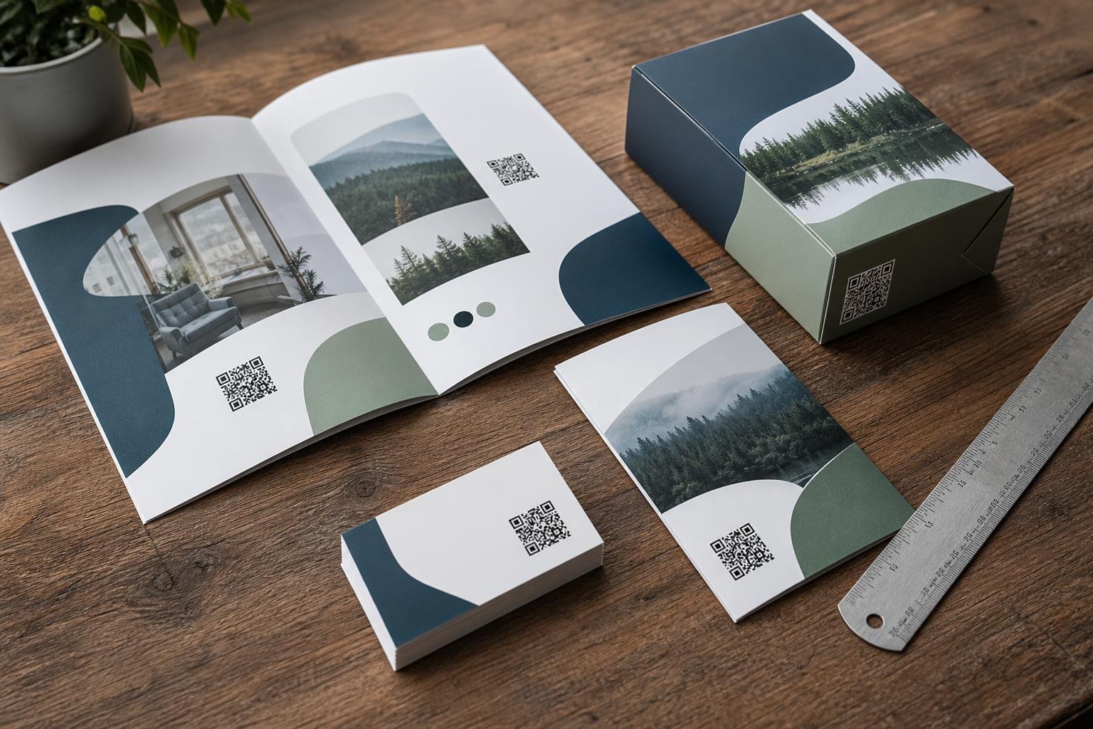Printed marketing brochures and packaging featuring clear QR codes laid out on a wooden table next to a ruler.